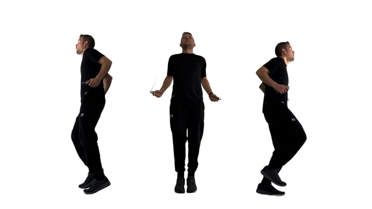 Secuencia de ejercicios de salto con cuerda, mostrando técnica de salto básico y alternando los pies.